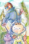  back-to-back brown_hair captain_falcon f-zero flower gloves helmet hira_saiki leaf nose olimar pikmin_(creature) pikmin_(series) pointy_ears smile spacesuit super_smash_bros. traditional_media 