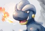  bagon breath_weapon breathing_fire commentary_request fangs fire highres no_humans ohdon open_mouth pokemon pokemon_(creature) pokemon_focus solo upper_body 