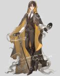  1boy absurdres black_gloves black_hair black_pants black_shoes black_vest buttons cane chain cloak collared_shirt commission curtained_hair full_body gloves grey_background highres holding holding_cane holding_mask hood hood_up hooded_cloak klein_moretti looking_at_viewer lord_of_the_mysteries male_focus mask necktie pants sanyue_qiushi shirt shoes simple_background solo two-tone_cloak vest watermark white_shirt worm 