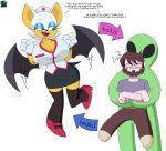 2023 absurd_res alien anthro artist_logo bat bat_wings blue_eyeshadow body_swap breasts brown_hair cleavage clothed clothing dezzy_draws digital_drawing_(artwork) digital_media_(artwork) directional_arrow dylan_(dezzy_draws) eyes_closed eyeshadow eyewear female flapping_wings footwear fur glasses group hair halloween hi_res high_heels holidays human lips lipstick logo makeup male mammal membrane_(anatomy) membranous_wings mouth_closed nurse_clothing nurse_uniform open_mouth orange_body orange_fur pink_lips pink_lipstick red_clothing red_footwear red_high_heels rouge_the_bat sega shoes simple_background sonic_the_hedgehog_(series) trick-or-treating trio uniform white_background wings