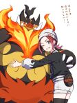  1girl alternate_costume alternate_hair_color beanie black_bag black_jacket black_thighhighs bright_pupils commentary_request earrings emboar eyelashes grin harmony_(pokemon) hat highres hug hyoe_(hachiechi) jacket jewelry long_sleeves mega_emboar mega_pokemon one_eye_closed pink_hair pokemon pokemon_(creature) pokemon_legends:_z-a shorts sidelocks smile teeth thighhighs translation_request white_background white_hat white_pupils white_shorts 