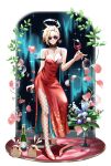  1girl absurdres anoreika_tomoe arm_strap bare_shoulders barefoot black_choker blonde_hair bottle bouquet breasts choker cleavage cup dress drinking_glass earrings fishnet_thighhighs fishnets halo highres honkai:_star_rail honkai_(series) jewelry medium_breasts necklace origami_bird_(honkai:_star_rail) red_dress red_shoes shoes short_hair siobhan_(honkai:_star_rail) stool sunglasses thighhighs vine_print wine_bottle wine_glass 