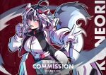  1girl ahoge animal_ears artist_name breasts choppy_bangs clenched_hand cloumello commentary commission cowboy_shot english_commentary frown grey_hair hands_up highres jacket large_breasts long_sleeves looking_at_viewer multicolored_hair open_mouth original red_background red_eyes solo tail two-tone_hair vgen_commission w watermark white_hair white_jacket 