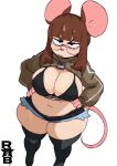 2025 absolute_territory anthro apsel_bluestar bangs belly big_breasts big_ears bottomwear bra breasts brown_eyebrows brown_hair cleavage clothed clothed_anthro clothed_female clothing daisy_dukes denim denim_bottomwear denim_clothing denim_shorts digital_media_(artwork) english_description eyebrows eyewear female female_anthro front_view frown glasses hair hands_on_hips hi_res hotpants huge_breasts legwear light_body long_sleeves mammal mandy_(apsel_bluestar) mouse murid murine portrait rodent round_glasses short_stack shorts simple_background solo tail thick_thighs thigh_highs underwear unzipped_jacket wearing_glasses white_background wide_hips