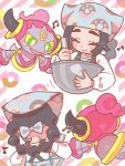  1girl absurdres ansha_(pokemon) apron black_hair blush_stickers bow bowl closed_eyes closed_mouth commentary_request eyelashes hair_bow hair_rings happy headscarf highres holding holding_bowl hoopa hoopa_(confined) iechi long_hair long_sleeves multiple_views musical_note pokemon pokemon_(creature) pokemon_legends:_z-a shirt smile stirring white_shirt 