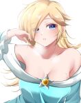 1girl bare_shoulders blonde_hair blue_dress blue_eyes blush breasts brooch cleavage collarbone dress earrings eyes_visible_through_hair hair_over_one_eye highres jewelry long_hair long_sleeves looking_at_viewer mario_(series) off-shoulder_dress off_shoulder open_mouth rosalina solo star_(symbol) star_brooch star_earrings steaming_body sweat tomatomiya upper_body white_background 