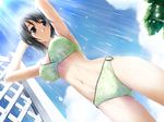  bikini black_hair breasts dutch_angle from_below game_cg green_eyes hashimoto_takashi large_breasts no_eyewear o-ring o-ring_bottom short_hair showering smile solo swimsuit yorihime_nao yosuga_no_sora 