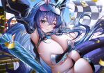  1girl ;3 absurdres animal_ears armpits arms_up azur_lane blue_eyes blue_hair blue_umbrella blush breasts closed_mouth day fake_animal_ears highres large_breasts long_hair looking_at_viewer new_jersey_(black_blur_prelude)_(azur_lane) official_alternate_costume one_eye_closed outdoors rabbit_ears race_queen smile solo tansuan_(ensj3875) thighs umbrella 