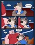 absurd_res anthro arm_hair belly belly_hair belly_smoosh big_bad_wolf big_belly black_nose blue_clothing blue_topwear blue_vest blush body_hair canid canine canis chest_hair clothed clothed_anthro clothed_male clothing comic dialogue domestic_pig duo ear_piercing english_text face_to_belly facial_hair fairy_tales fully_clothed fully_clothed_anthro fully_clothed_male fur furniture grey_body grey_fur hairy_body hairy_man hi_res huge_belly huttsergreywolf larger_male long_snout male mammal musclegut muscular muscular_anthro muscular_arm muscular_arms muscular_male onomatopoeia overweight overweight_anthro overweight_male piercing pink_body red_clothing red_shirt red_tank_top red_topwear shirt shoulder_hair size_difference snout sofa sound_effects speech_bubble suid suine sus_(pig) tall_male tank_top text the_three_little_pigs tongue tongue_out topwear vest wolf