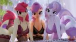 3d_(artwork) absurd_res all_fours anthro biped bra breasts clothed clothing digital_media_(artwork) equid equine eyelashes female friendship_is_magic group hair hasbro hi_res horn legwear looking_at_viewer loveslove mammal my_little_pony mythological_creature mythological_equine mythology orange_body panties pupils purple_hair red_hair scootaloo_(mlp) smile tail thick_thighs thigh_highs three-quarter_view trio underwear unicorn white_body yellow_body