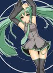  aqua_hair armpits blush detached_sleeves hatsune_miku kokorono_arika long_hair microphone necktie skirt solo thighhighs twintails vocaloid 