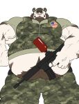 accessory american_flag anthro beard beer_belly belly belly_focus belt biceps big_belly big_muscles black_belt black_clothing blue_eyes body_hair bottomwear brown_beard brown_body brown_facial_hair brown_fur brown_hair brown_pubes brown_sideburns bulge bulge_focus camo camo_bottomwear camo_clothing camo_pants camo_print camo_topwear camo_vest clothing facial_hair felid feline fierce fierce_expression fist fur glare green_bottomwear green_clothing green_headband green_pants green_shirt green_topwear green_vest gun hair happy_trail headband hi_res holding_gun holding_object holding_ranged_weapon holding_weapon intimidation kevinskylet111999 looming low-angle_view male mammal manly markings menancing military military_clothing military_pants military_uniform military_vest musclegut muscular muscular_anthro muscular_male paint_gun paintball paintball_gun pantherine pants park_ranger pattern_bottomwear pattern_clothing pattern_pants pattern_topwear pattern_vest pubes ranged_weapon ranger shirt sideburns simple_background soldier solo striped_body striped_fur striped_markings stripes thick_arms thick_thighs tiger topwear tough_guy uniform united_states_of_america vein veiny_muscles vest warrior weapon white_background white_body white_fur