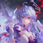  1girl angel_wings animal bare_shoulders bead_bracelet beads bird bird_on_hand bracelet collar collarbone detached_collar detached_sleeves dress eyelashes feathered_wings gloves green_eyes grey_hair hair_between_eyes hair_intakes halo happy head_wings hei_yu hexagram highres honkai:_star_rail honkai_(series) jewelry lace-trimmed_gloves lace_trim lips long_hair looking_at_animal loose_hair_strand musical_staff night night_sky open_mouth petals purple_collar purple_dress purple_sleeves ringlets robin_(honkai:_star_rail) rose_petals short_sleeves sky smile solo star_(sky) starry_sky strapless strapless_dress swept_bangs two-tone_dress upper_body very_long_hair white_bird white_dress white_gloves white_wings wings yellow_halo 