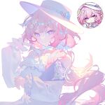  1girl absurdres bare_shoulders bouquet bow braid breasts closed_mouth commentary cyrene_(honkai:_star_rail) cyrene_(ripples_of_past_reverie)_(honkai:_star_rail) diamond-shaped_pupils diamond_(shape) flower hair_bow hair_flower hair_ornament hand_up hat highres holding holding_bouquet honkai:_star_rail honkai_(series) long_hair looking_at_viewer luzi/fengli_nanzi medium_breasts official_alternate_costume official_art_inset pink_hair pointy_ears purple_eyes purple_skirt rose shirt sidelocks skirt smile solo symbol-only_commentary symbol-shaped_pupils very_long_hair white_bow white_flower white_hat white_rose white_shirt 