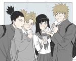  2boys 2girls alternate_universe backpack bag black_hair blonde_hair blunt_bangs commentary cup disposable_coffee_cup disposable_cup facial_mark food food_on_face gakuran grey_eyes grey_sweater heart hetero highres holding holding_cup holding_food hyuuga_hinata multiple_boys multiple_girls nara_shikamaru naruto_(series) naruto_shippuuden notane_n school_bag school_uniform serafuku short_twintails steamed_bun sweater symbol-only_commentary temari_(naruto) topknot twintails uzumaki_naruto whisker_markings 