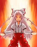  bad_id bad_pixiv_id bangs fire fujiwara_no_mokou hair_ribbon hane_(hanegoya) long_hair pants red_eyes ribbon solo suspenders touhou white_hair 