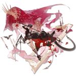  1girl absurdres animal arknights ascot ask_(askzy) bat_(animal) belt_pouch black_hair black_shorts black_tailcoat crossed_ankles entelechia_(arknights) floating_clothes formal_clothes from_behind full_body gloves grey_socks hair_horns highres holding holding_scythe holding_weapon kneehighs long_sleeves micro_shorts official_art pink_theme pointy_ears pouch red_eyes red_gloves red_lips red_theme scythe shin_strap shorts simple_background socks solo tailcoat thigh_strap third-party_source transparent_background two-sided_tailcoat weapon white_ascot 