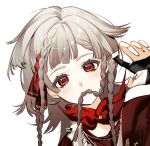  1girl black_gloves cloak fingerless_gloves gloves grey_hair hair_in_own_mouth hand_up light176 looking_at_viewer medium_hair portrait quad_braids red_cloak red_eyes reverse:1999 rubuska solo 