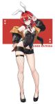  1girl a-er_(akkij0358) ange_katrina animal_ears bare_shoulders black_shorts blue_eyes breasts character_name fake_animal_ears fishnet_thighhighs fishnets gradient_eyes hair_between_eyes hair_ornament highres jacket looking_at_viewer medium_hair multicolored_eyes nijisanji nontraditional_playboy_bunny open_clothes open_jacket purple_eyes rabbit_ears red_hair short_shorts shorts single_fishnet_legwear small_breasts smile solo thighhighs triangle_hair_ornament v virtual_youtuber 