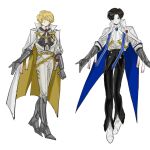  2boys alternate_costume ascot black_ascot black_hair black_pants blonde_hair blue_eyes brooch cape closed_mouth collared_shirt demian_(project_moon) full_body gauntlets hair_over_one_eye highres jewelry limbus_company looking_at_viewer male_focus multiple_boys n_corp._fanatic_(identity)_(project_moon) pants project_moon purity_seal shirt short_hair simple_background sinclair_(project_moon) smile standing white_ascot white_background white_shirt yatielizi112131 yellow_cape yellow_eyes 