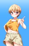  1girl azuma_haruki blue_background blush bra bra_peek breasts brown_shorts commentary_request cowboy_shot finger_counting green_bra hand_on_own_hip hand_up harem_camp! highres index_finger_raised looking_at_viewer medium_breasts midriff navel orange_hair orange_tank_top parted_lips pink_eyes short_hair shorts solo tank_top underwear yuuki_hb 