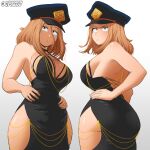  1girl :o absurdres adapted_costume ass backless_dress backless_outfit bare_shoulders black_dress blonde_hair boku_no_hero_academia breasts brown_eyes clothing_cutout daimus_raw dress frown halterneck hands_on_own_hips hat highres hip_vent large_breasts long_hair looking_at_viewer multiple_views nightgown no_bra peaked_cap plunging_neckline utsushimi_kemii 