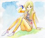  blonde_hair blue_eyes celes_chere detached_sleeves final_fantasy final_fantasy_vi jacket long_hair sitting smile solo terryterry 