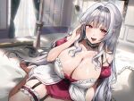  1girl :d bare_shoulders barefoot blush breasts cleavage commentary_request day gijang hand_up highres indoors large_breasts long_hair looking_at_viewer open_mouth original red_eyes sitting smile solo thighs very_long_hair white_hair 