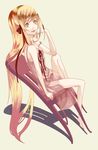  bakemonogatari barefoot chair chin_rest full_body fumizuki highres knee_up lingerie long_hair monogatari_(series) negligee oshino_shinobu sitting solo strap_slip underwear very_long_hair 