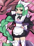  1girl apron black_romper bow bowtie braid braided_ponytail closed_mouth colored_sclera dragalge green_hair green_nails grey_eyes highres leafy_seadragon lebanne_(pokemon) long_hair long_sleeves looking_at_viewer maid maid_apron maid_headdress mega_stone pink_lips pokemon pokemon_(creature) pokemon_legends:_z-a puffy_sleeves red_sclera romper saki_pokeoekaki thighhighs very_long_hair white_bow white_bowtie white_thighhighs 