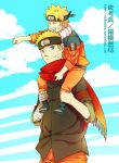  2boys bandaged_arm bandages black_headband black_jacket blonde_hair blue_eyes carrying closed_eyes commentary_request dual_persona facial_mark forehead_protector grin headband jacket konohagakure_symbol male_focus multiple_boys naruto:_the_last naruto_(classic) naruto_(series) open-toe_shoes orange_jacket orange_pants pants red_scarf scarf shikaobing shoulder_carry smile uzumaki_naruto whisker_markings 
