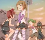  bad_id bad_pixiv_id bike_shorts brown_hair crossover green_hair hair_bobbles hair_bun hair_ornament hair_ribbon koiwai_yotsuba latex marui_futaba marui_hitoha marui_mitsuba mitsudomoe multiple_girls nama_(namaiki) quad_tails raglan_sleeves ribbon side_ponytail skirt striped striped_legwear tank_top thighhighs twintails yotsubato! zettai_ryouiki 