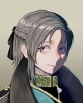  1girl armor black_ribbon blue_eyes collar genderswap genderswap_(mtf) grey_hair grey_scarf hair_ribbon hearts_of_iron highres kougekiryoku light_smile looking_to_the_side pauldrons portrait ribbon scarf sergey_taboritsky short_hair shoulder_armor simple_background solo 