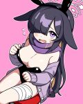  1girl animal_ears bandaged_leg bandages black_leotard blue_archive blush breasts cardigan cleavage ears_down fake_animal_ears feet_out_of_frame flying_sweatdrops hair_over_one_eye halo highres jacket jorang_(jorang08) leotard looking_at_viewer medium_breasts off_shoulder open_mouth outline pink_background playboy_bunny purple_eyes rabbit_ears scarf sitting sleeves_past_wrists solo sweatdrop tsukuyo_(blue_archive) white_outline 