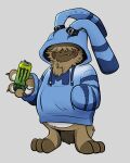 angoramon anthro bandai_namco bottomless canned_drink claws clothed clothing digimon digimon_(species) finger_claws fluffy fluffy_chest frown fur hair hair_over_eyes hi_res hoodie male memoir monster_energy solo standing topwear yellow_body yellow_fur