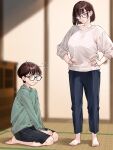  1boy 1girl and_opi barefoot before_and_after black-framed_eyewear black_pants black_shorts blurry blurry_background brown_hair commentary_request glasses green_shirt highres indoors jewelry mother_and_son original pants purple_eyes ring shirt short_hair shorts sitting standing sweater toes wariza white_sweater 