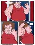 absurd_res anthro arm_hair armpit_hair belly big_belly blue_bottomwear blue_clothing blue_shorts body_hair bottomwear chest_arm cigar clothing comic dialogue domestic_pig ear_piercing english_text facial_hair fairy_tales hi_res huge_belly huttsergreywolf larger_male male mammal musclegut muscular muscular_anthro muscular_arm muscular_arms muscular_male nipple_outline overweight overweight_anthro overweight_male piercing red_clothing red_shirt red_tank_top red_topwear shirt shorts shoulder_hair size_difference smoking smoking_cigar solo speech_bubble suid suine sus_(pig) tall_male tank_top text the_three_little_pigs topwear unimpressed