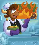 2025 2_horns anthro apron arms_bent artist_logo bakery bangs blue_wall bodily_fluids bovid bovine bowl brown_body brown_fur brown_hair button_(fastener) cattle chef_hat clothed clothed_anthro clothed_female clothing colored container cookie_haus counter digital_drawing_(artwork) digital_media_(artwork) dress ear_piercing ear_tag english_description eyebrow_through_hair eyebrows eyelashes female female_anthro fire food fur green_apron green_clothing green_eyes hair handwear hat headgear headwear hi_res hivemindmoshpit holding_bowl holding_container holding_object holding_whisk horn jackbox_games kitchen_utensils lidded_eyes light lighting logo mammal moonique_(cookie_haus) multicolored_body multicolored_fur nervous nervous_smile nervous_sweat open_mouth open_smile oven_mitts piercing pink_tongue plant purple_clothing purple_handwear purple_oven_mitts shaded short_hair sign smile solo spatula sweat tan_horn the_jackbox_party_pack tongue tools translucent translucent_hair two_tone_body two_tone_fur wall_(structure) whisk white_clothing white_dress white_hat white_headwear window