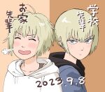  2girls angry blonde_hair blush ear_piercing grey_eyes happy highres ishiguro_masakazu kon_futaba multiple_girls piercing short_hair simple_background soredemo_machi_wa_mawatteiru 