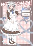  1girl acrylic_stand_(medium) alternate_costume animal_ears apron ascot blue_ascot blue_bow blue_ribbon bow bow_legwear brown_dress brown_shoes cat_ears cat_tail character_name closed_mouth colored_inner_hair commentary diagonal_bangs dress frilled_apron frilled_dress frills full_body hair_ribbon heart heart_of_string high_heels highres juliet_sleeves link!_like!_love_live! long_dress long_sleeves looking_at_viewer love_live! maid maid_apron maid_headdress mary_janes multicolored_hair nyan_nyan_nyan_fair_in_gamers pantyhose pink_background plaid_background puffy_sleeves red_eyes red_hair ribbon shoes short_hair smile solo songhuai symbol-only_commentary tail virtual_youtuber white_apron white_hair white_pantyhose yugiri_tsuzuri 