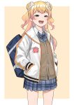  1girl aogami_high_school_uniform bag blonde_hair blue_bow blue_bowtie blue_skirt border bow bowtie brown_vest cardigan_vest collared_shirt commentary_request cowboy_shot crossed_bangs double_bun flower gradient_hair green_eyes hair_bun hair_flower hair_ornament hands_in_pockets highres hololive jacket long_hair looking_at_viewer momosuzu_nene multicolored_hair official_alternate_costume open_mouth outside_border pink_hair plaid_bow plaid_bowtie plaid_clothes plaid_skirt pleated_skirt print_jacket rainna school_bag school_uniform shirt shoulder_bag sidelocks simple_background skirt smile solo standing teeth two_side_up upper_teeth_only vest virtual_youtuber white_border white_flower white_jacket white_shirt yellow_background 