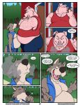 absurd_res anthro arm_hair belly belly_hair big_bad_wolf big_belly blue_bottomwear blue_clothing blue_shorts blue_topwear blue_vest blush blush_lines bodily_fluids body_hair bottomwear canid canine canis chest_hair cigar cigar_smoke clearing_throat clothed clothed_anthro clothed_male clothing comic dialogue domestic_pig duo ear_piercing english_text facial_hair fairy_tales fully_clothed fully_clothed_anthro fully_clothed_male hi_res huge_belly huttsergreywolf intimidation larger_male lies long_snout lying male mammal musclegut muscular muscular_anthro muscular_arms muscular_male nervous overweight overweight_anthro overweight_male pecs piercing red_clothing red_shirt red_tank_top red_topwear secondhand_smoke sharp_teeth shirt shorts size_difference smoke smoke_from_nose snout speech_bubble suid suine sus_(pig) sweat tall_male tank_top teeth text the_three_little_pigs tongue topwear vest wolf
