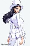  1girl absurdres ass black_hair blue_eyes breasts closed_mouth commentary cosplay english_commentary eyelashes hat highres long_hair long_sleeves looking_back nico_robin one_piece pants rickholmes0410 rob_lucci rob_lucci_(cosplay) shirt simple_background smile solo top_hat twitter_username white_background white_hat white_pants white_shirt 
