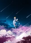  1girl above_clouds absurdres angel angel_wings arms_behind_back barefoot blue_sky blush closed_eyes closed_mouth cloud commentary crescent_moon dress floating halo highres meteor_shower moon night nor_ni original pink_clouds scenery short_hair sky sleeveless sleeveless_dress solo star_(sky) symbol-only_commentary traditional_halo white_dress white_hair white_wings wide_shot wings 