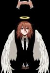  1boy androgynous angel_devil_(chainsaw_man) angel_wings belt black_background black_jacket black_necktie black_pants black_suit blending brown_belt chainsaw_man collared_shirt double-parted_bangs hair_between_eyes halo highres jacket looking_up male_focus medium_hair necktie orange_hair pants parted_lips red_eyes shirt simple_background solo stretching suit upper_body white_shirt white_wings wings yorozuya37 