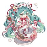  1girl absurdly_long_hair ankle_bow aqua_eyes aqua_hair argyle_clothes argyle_sleeves asymmetrical_dress bare_shoulders bow bow_legwear bow_skirt bowtie center_frills chibi chinese_commentary collared_dress colored_tips commentary_request corset derivative_work detached_sleeves dress eating expressionless eyelashes flower food food-themed_hair_ornament fork frilled_hairband frilled_sleeves frilled_thighhighs frills fruit hair_between_eyes hair_bow hair_flower hair_ornament hair_ribbon hairband hatsune_miku highres holding holding_food holding_fork holding_fruit lace-trimmed_bow lace_trim leg_up light_blush light_particles lolita_hairband long_dress long_hair long_sleeves looking_ahead low-tied_long_hair macaron medium_skirt multicolored_hair musical_note_brooch open_mouth oversized_object plaid_clothes plaid_skirt plate puffy_long_sleeves puffy_sleeves red_bow red_bowtie red_corset red_ribbon red_shoes red_skirt ribbon ribbon-trimmed_bow ribbon-trimmed_hairband ribbon-trimmed_thighhighs ribbon_trim shadow shoes showgirl_skirt simple_background single_stripe skirt sleeve_bow sleeveless sleeveless_dress solo strawberry strawberry_hair_ornament strawberry_miku_(morikura) striped_ribbon thighhighs tie_clip very_long_hair vocaloid wavy_hair white_background white_dress white_flower white_hairband white_ribbon white_sleeves white_thighhighs yanshuangjun 