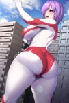  1girl 2023 ass blue_sky breasts building cameltoe character_request cloud commission dated giant giantess highres huge_ass huge_breasts open_mouth purple_eyes purple_hair short_hair skeb_commission sky solo ultra_series ultraman_(1st_series) yoohi 