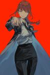  1girl black_coat black_necktie black_pants breasts business_suit chainsaw_man coat high-waist_pants highres long_hair looking_at_viewer makima_(chainsaw_man) medium_breasts necktie pants pointing pointing_at_viewer rasetsu001 red_background red_hair ringed_eyes shirt shirt_tucked_in simple_background smile solo suit white_shirt yellow_eyes 