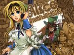  1girl 43 alice_(wonderland) alice_in_wonderland blonde_hair blue_eyes bunny dress glasses grin gun hairband hat long_hair mad_hatter march_hare smile weapon wrist_cuffs 