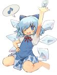 1girl blue_bow blue_dress blue_hair blush bow cirno cirno_day detached_wings dress fairy fairy_wings frog frozen hair_bow highres ice ice_wings one_eye_closed open_mouth pinafore_dress puffy_short_sleeves puffy_sleeves short_sleeves sleeveless sleeveless_dress solo speech_bubble touhou tungsten_mochoo white_background wings 